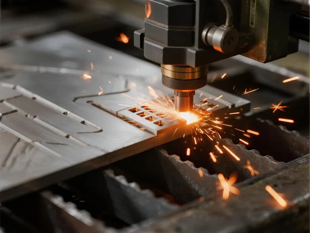 Close-up of laser cutting stainless steel plate