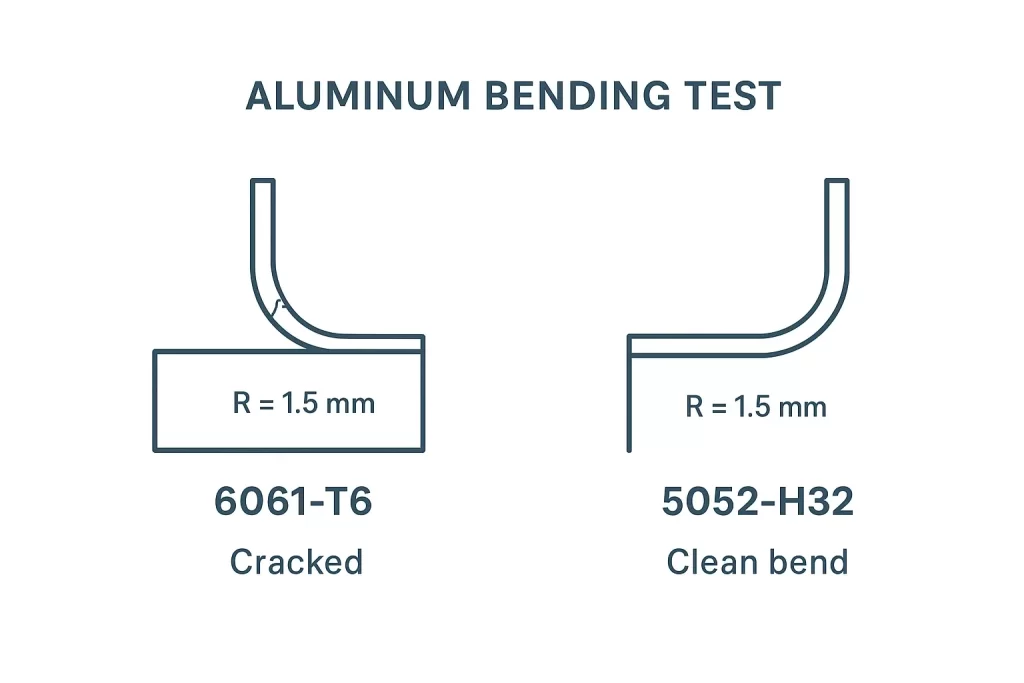 Comparison of aluminum alloys showing 6061-T6 cracking vs 5052-H32 bending successfully.