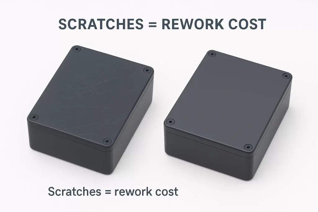 Comparison of scratched vs well-handled aluminum enclosures after powder coating.