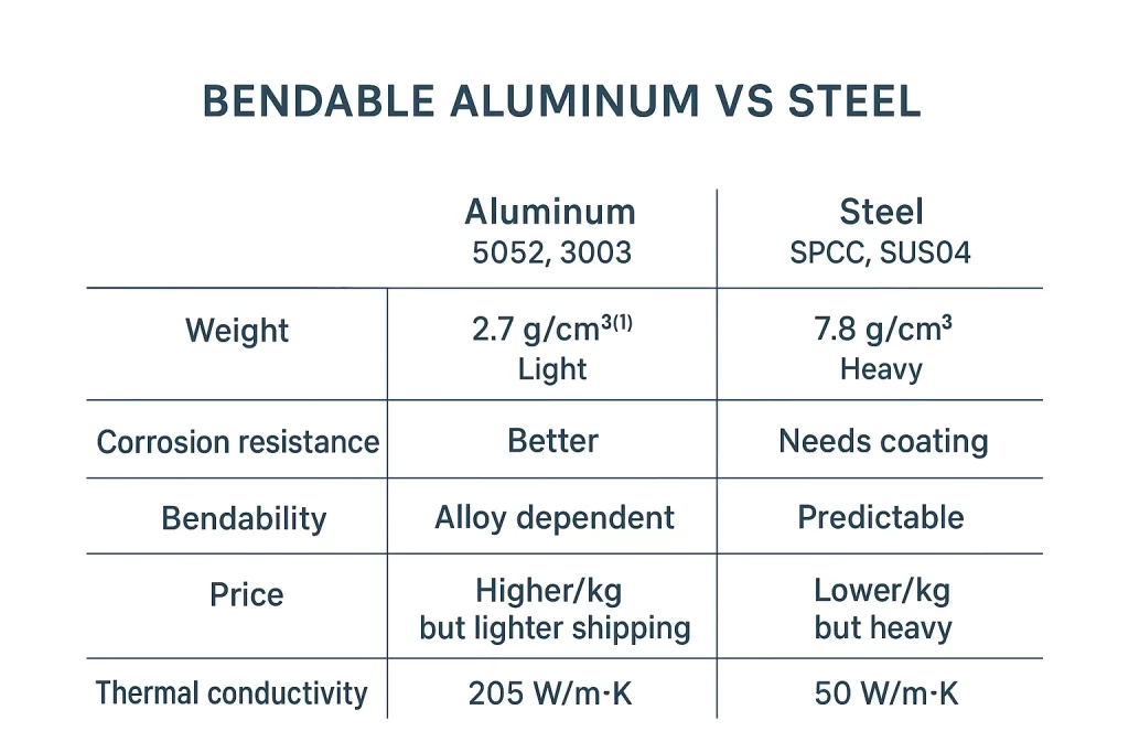 Comparison chart of bendable aluminum and steel in electronics enclosure fabrication with weight, corrosion resistance, and conductivity data