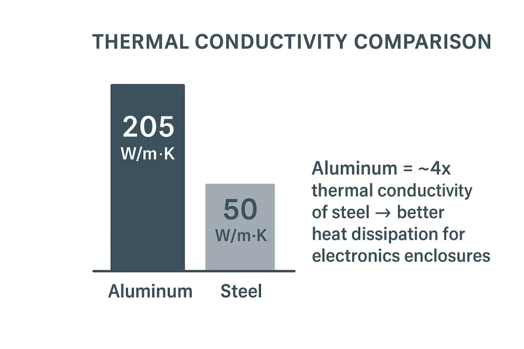 Graph showing aluminum thermal conductivity 205 W/m·K vs steel 50 W/m·K.
