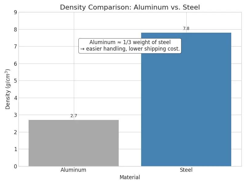 Chart showing aluminum density 2.7 g/cm³ vs steel 7.8 g/cm³ highlighting weight advantage.