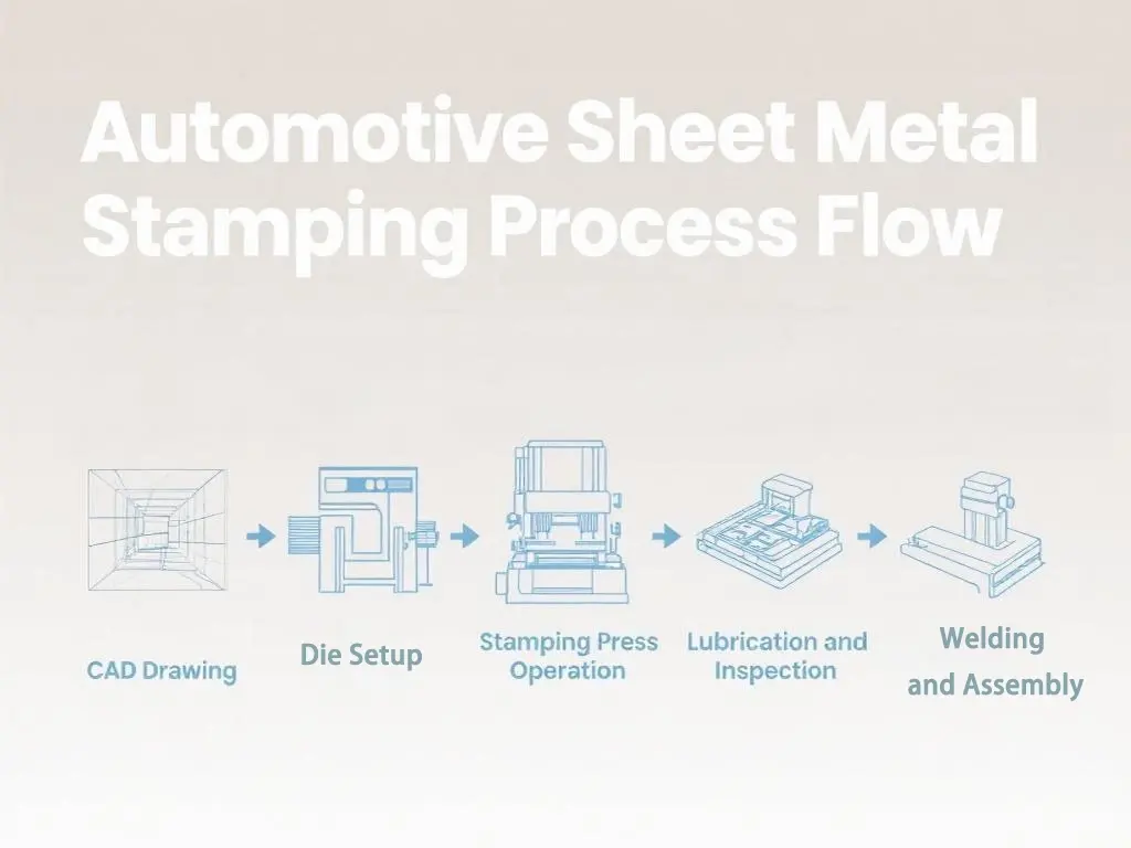 Process flow diagram of car body sheet metal stamping, from CAD design to die setup, stamping, inspection, and assembly.