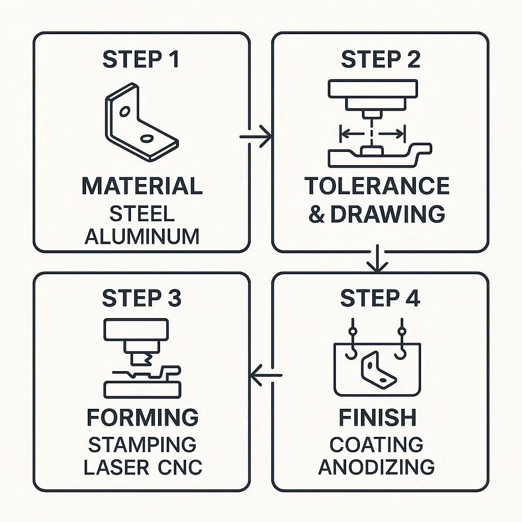 Flowchart of custom bracket production steps material tolerance forming surface treatment.