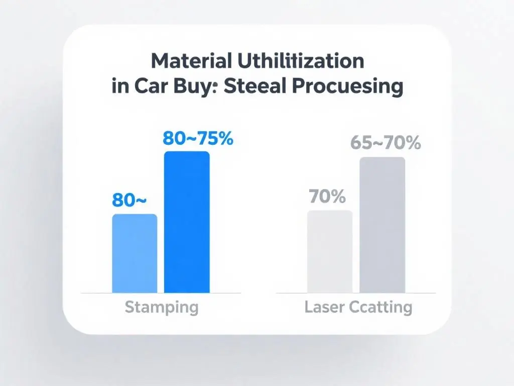 Comparison chart of material utilization rates in car body sheet metal processing, stamping 80–85% vs laser cutting 65–70%.
