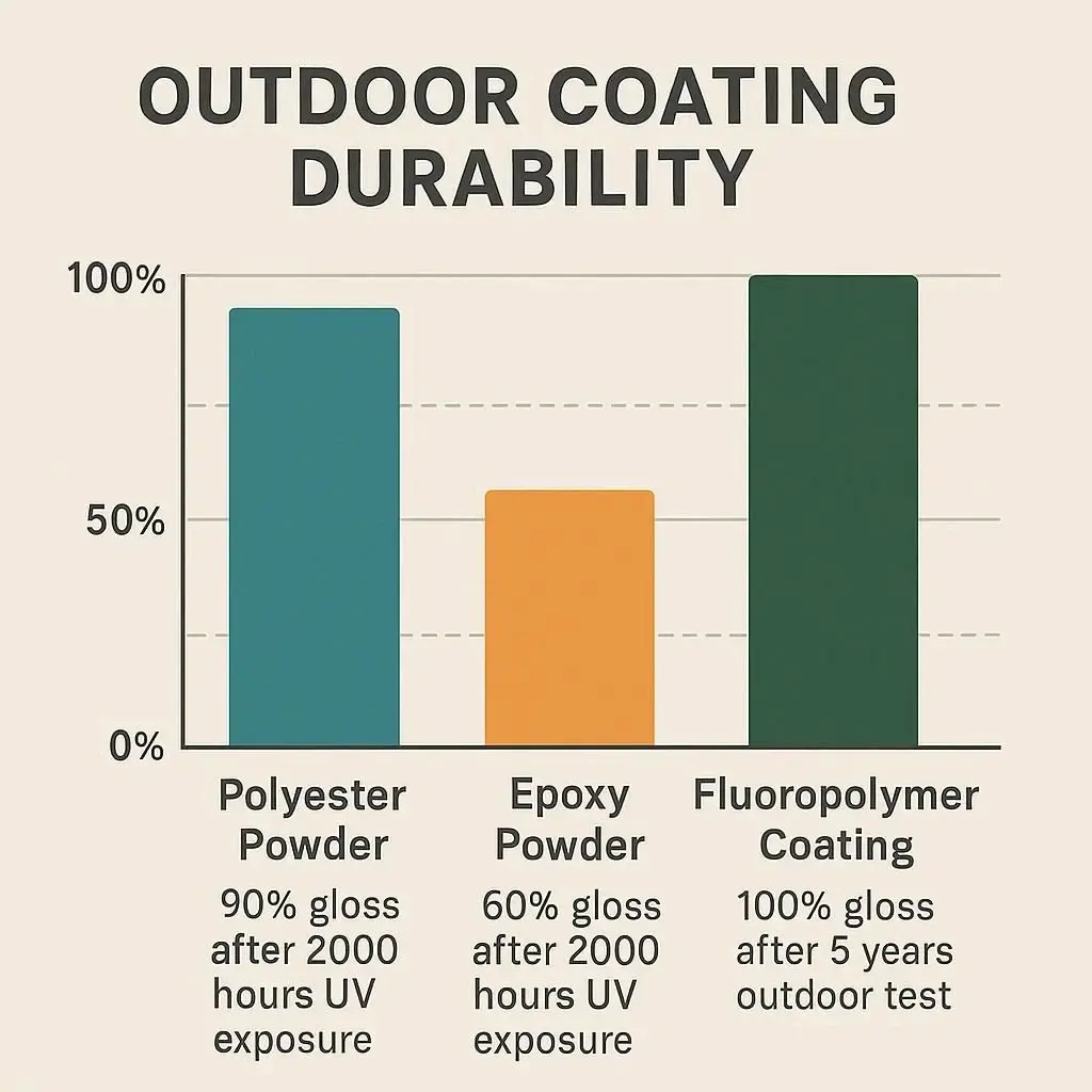 Bar chart comparing outdoor durability of polyester, epoxy, and fluoropolymer powder coatings for metal signs.