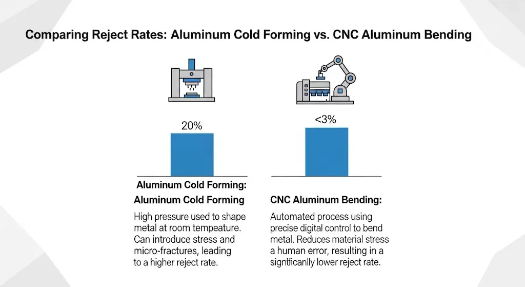 Comparison chart showing 20% reject rate in cold forming vs 3% reject rate in CNC aluminum bending.