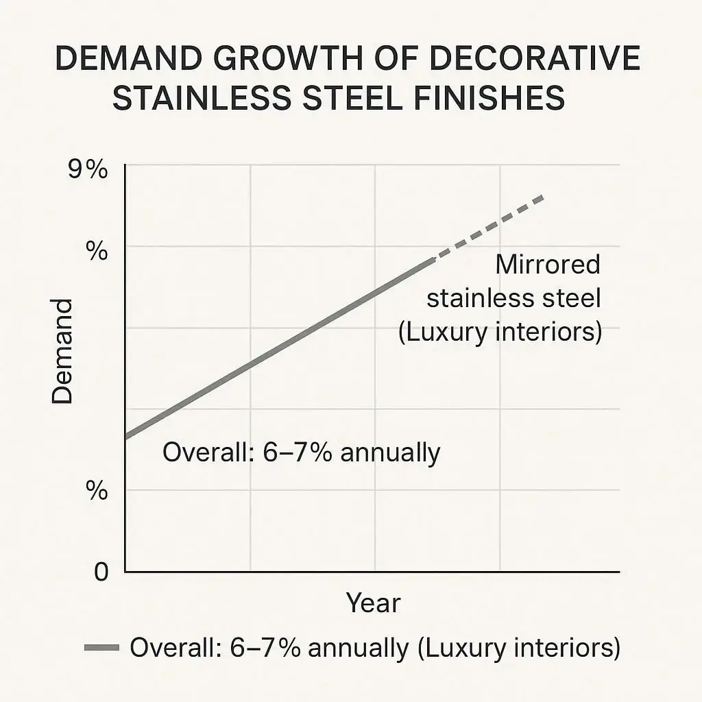 Global decorative stainless steel demand grows 6–7% annually, with mirrored stainless steel leading growth in luxury interiors.