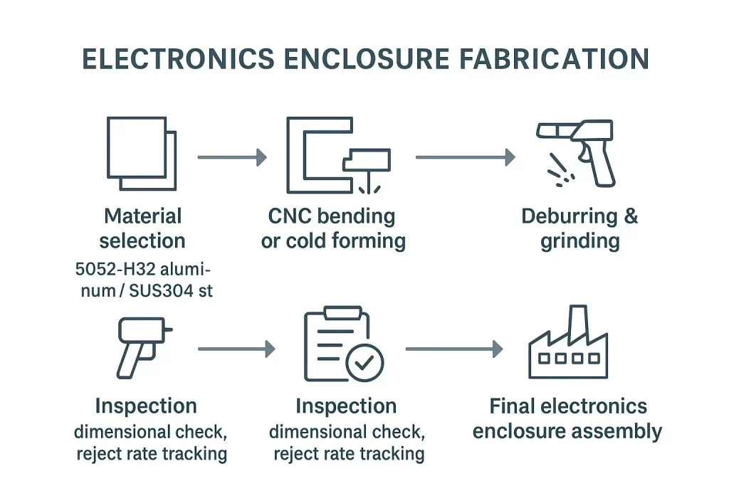 Fabrication process flow for aluminum and steel electronics enclosures from material to finished product.