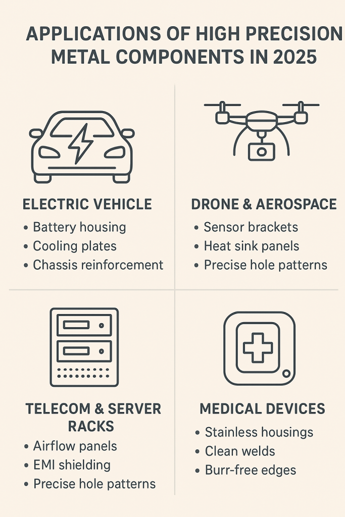 Applications of high precision metal components in EVs, drones, telecom racks, and medical devices, Baoxuan Sheet Metal.