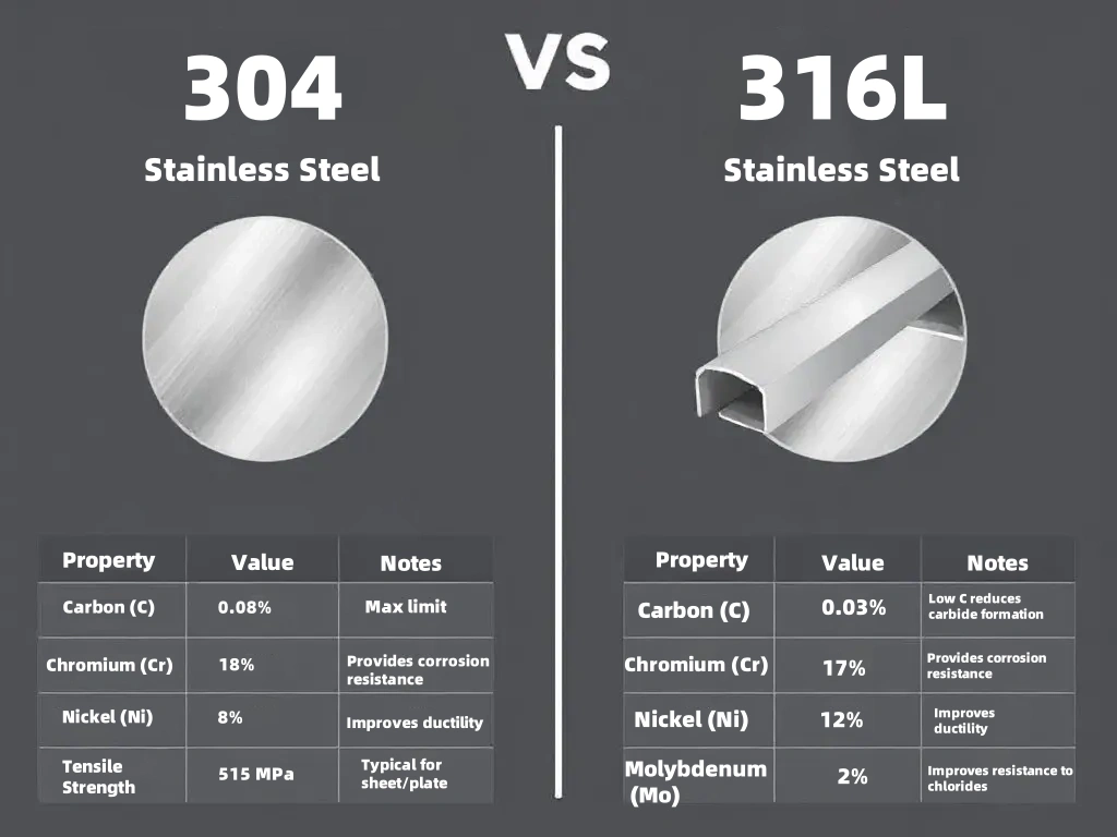 Comparison chart of stainless steel 304 vs 316L and aluminum 5052 vs 6061 T6 for precision sheet metal fabrication.