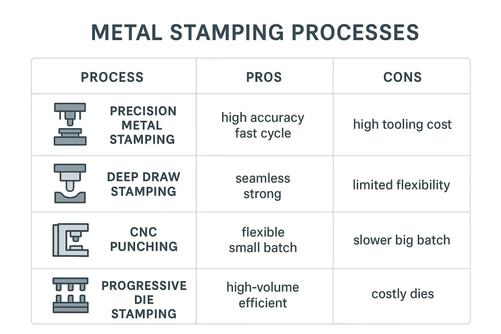 Comparison chart of precision stamping, deep draw stamping, CNC punching, and progressive die stamping with pros and cons.