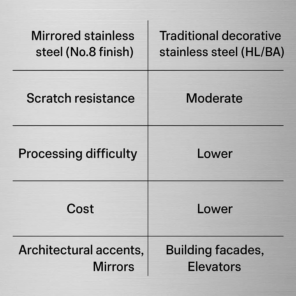 Surface roughness comparison: Mirror stainless steel (Ra ≤ 0.05 µm) vs BA finish (Ra 0.2–0.4 µm) vs Hairline finish (Ra 0.3–0.6 µm).