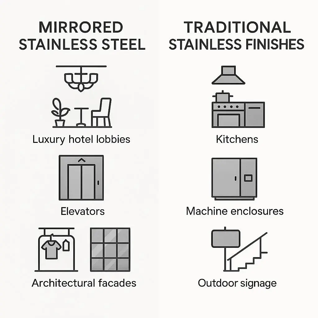 Applications of mirrored stainless steel in luxury interiors compared with traditional stainless finishes used in durable everyday environments.