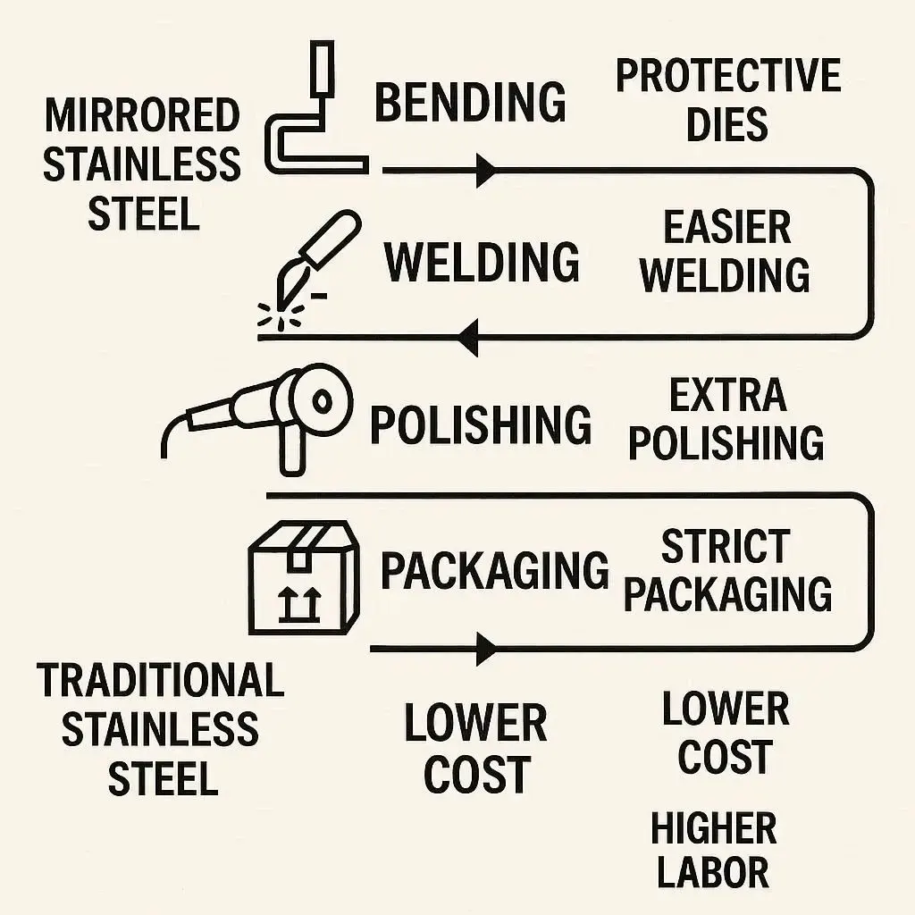 Processing flow comparison showing mirrored stainless steel requires extra protective steps and higher labor costs versus traditional stainless steel.