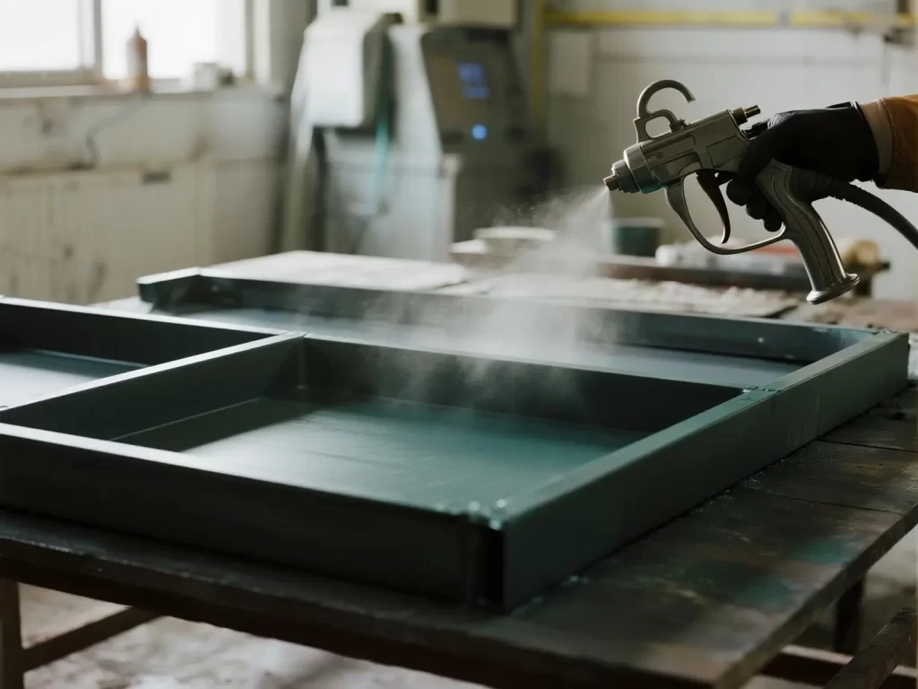 Powder coating process on assembled metal parts for durable surface finish