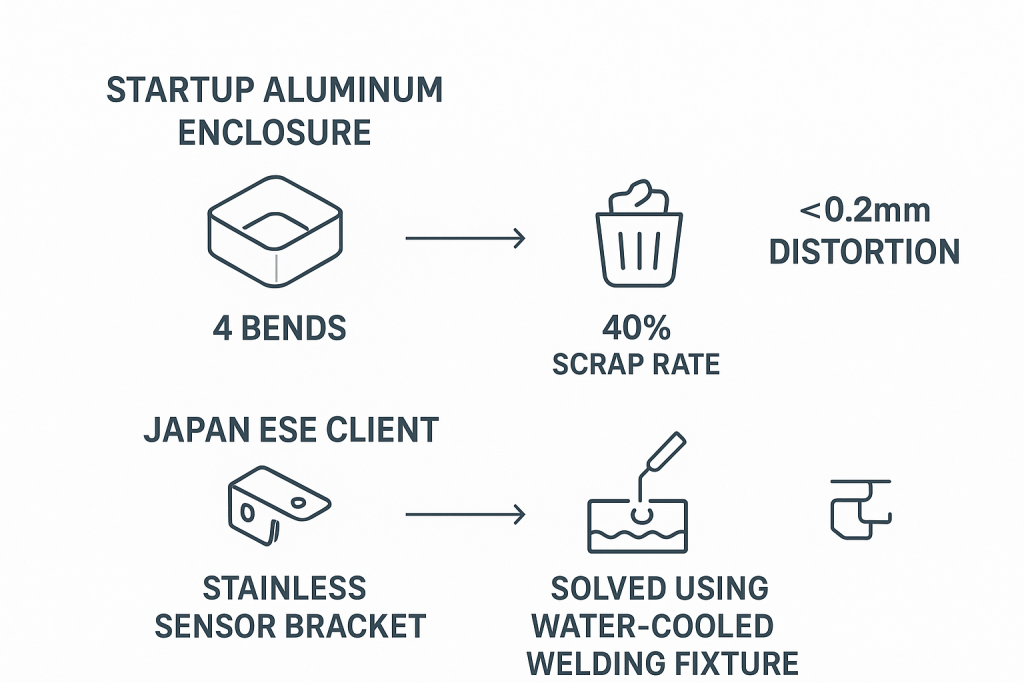 Case studies of sheet metal precision challenges: bending scrap and welding distortion control.