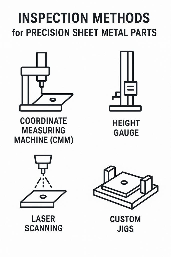 Inspection methods for precision sheet metal parts including CMM, height gauge, laser scanning, and jigs.