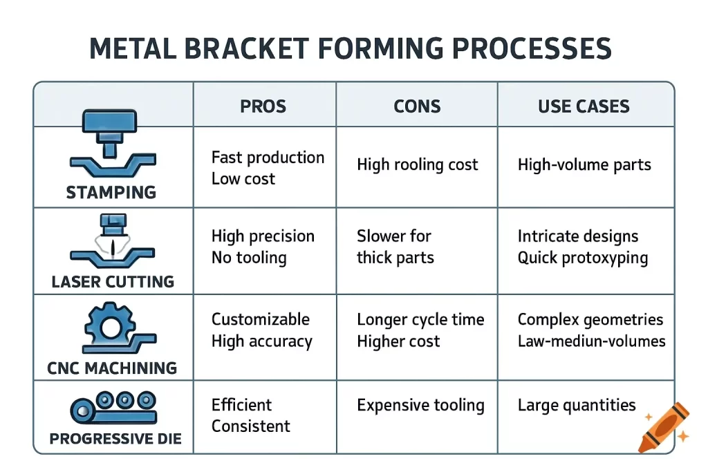 Comparison table of stamping laser cutting CNC machining and progressive die for custom brackets.
