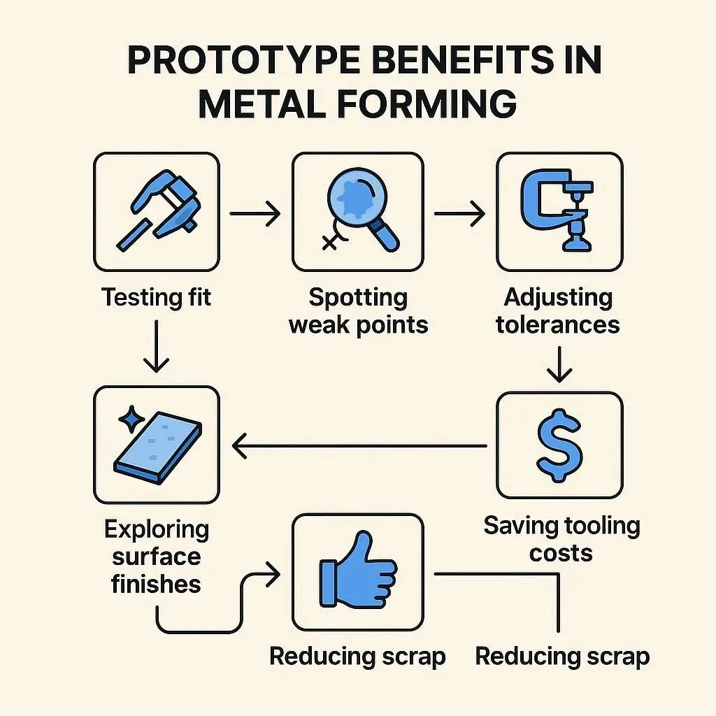 Flowchart showing seven key benefits of prototypes in metal forming: testing fit, spotting weak points, adjusting tolerances, saving tooling costs, faster client approvals, exploring surface finishes, reducing scrap.
