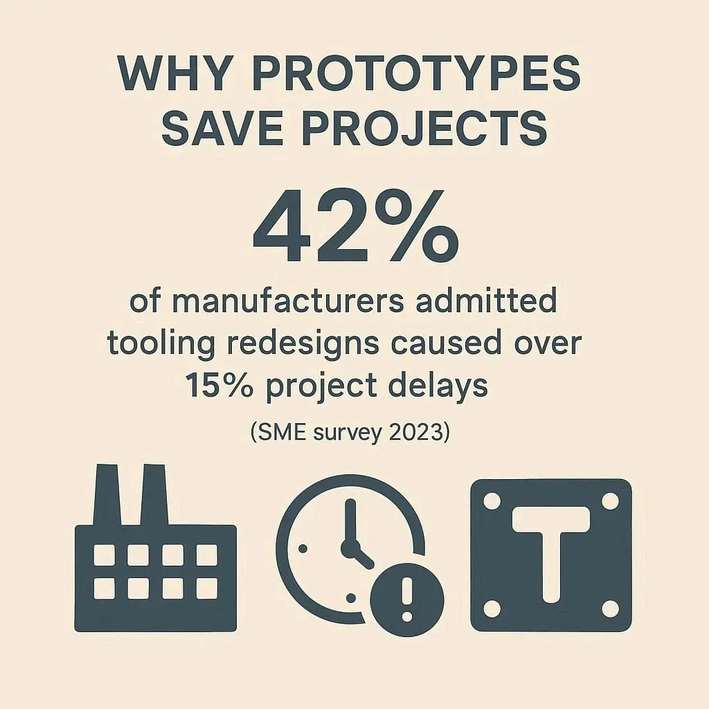 Infographic showing that 42% of manufacturers report tooling redesigns caused over 15% project delays, according to SME 2023 survey.