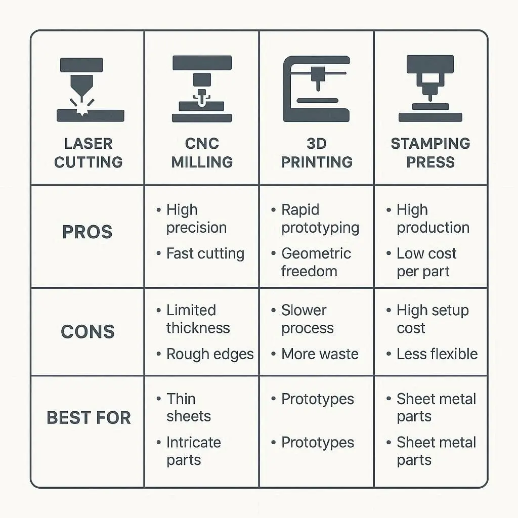 Comparison chart of prototype methods: laser cutting + bending, CNC machining, 3D printing, stamping, showing pros, cons, and best use cases.
