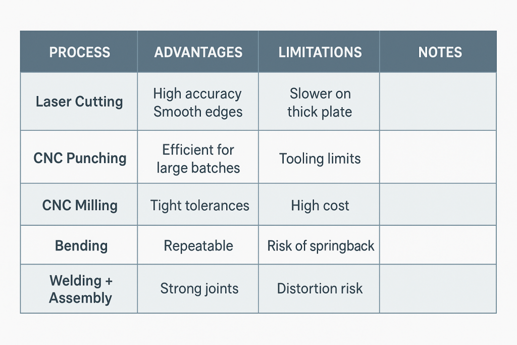 Comparison chart of sheet metal manufacturing processes: laser cutting, CNC punching, CNC milling, bending, welding.