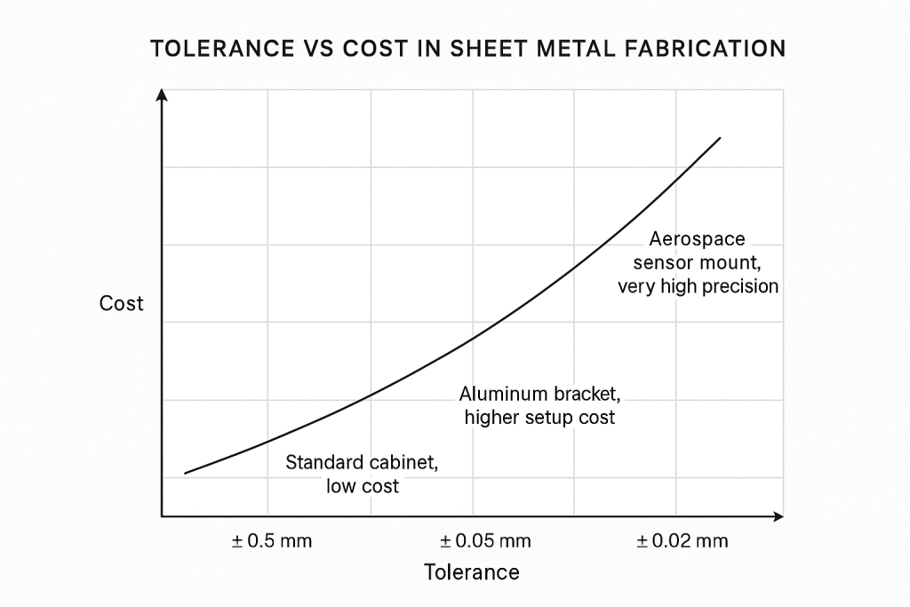 Chart showing how tighter sheet metal tolerances increase cost, from ±0.5 mm to ±0.02 mm.