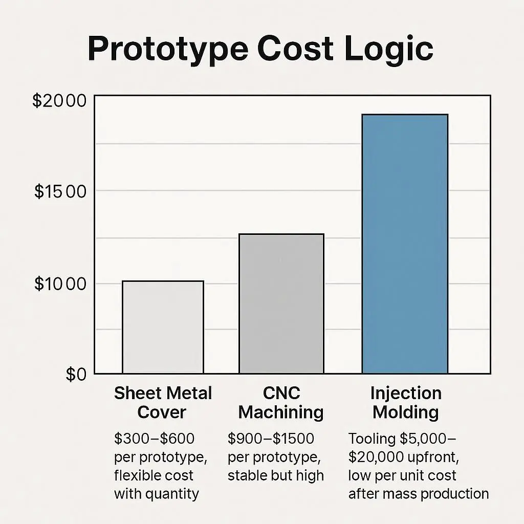 Flowchart of sheet metal cover prototyping process showing cutting, bending, welding, coating, and assembly.