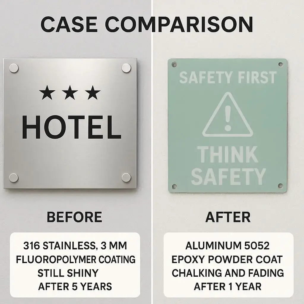 Comparison of hotel plaque with 316 stainless and fluoropolymer coating lasting 5 years vs factory safety board in aluminum with epoxy coating fading after 1 year.