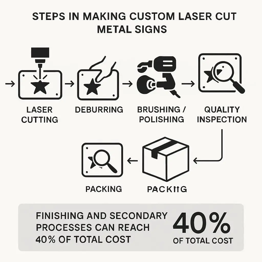 Process flow of custom metal sign production showing cutting, finishing, coating, and QC, with cost emphasis on finishing steps.