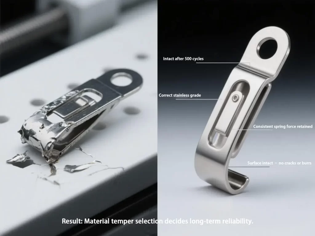 Comparison of stainless clips after 500 insertion cycles showing spring failure vs intact performance.