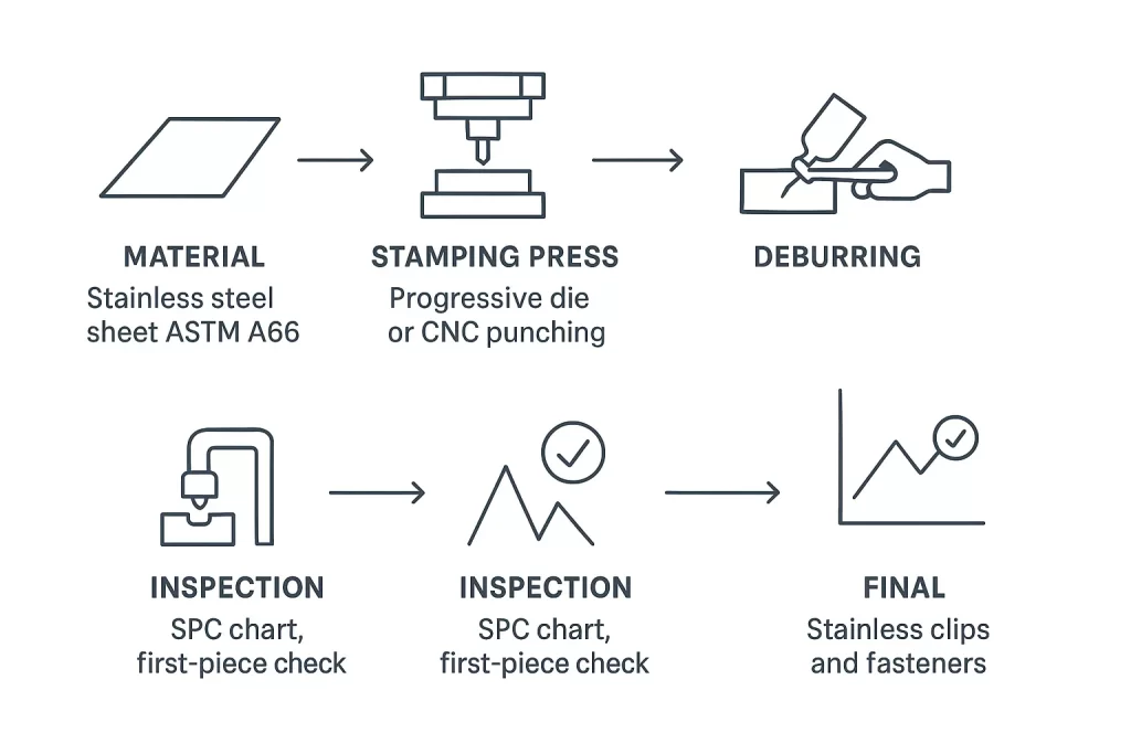 Process flow of stainless stamping production from material to inspection and final clips.