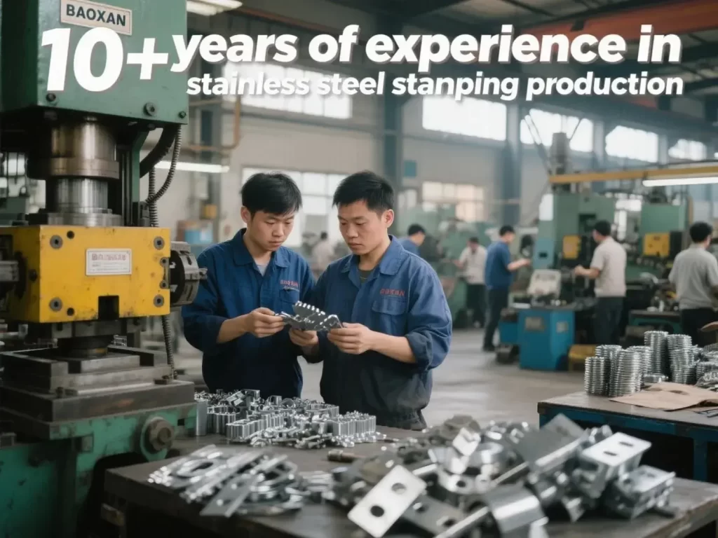 Baoxuan stainless stamping workshop with stamping press and stainless clips production.