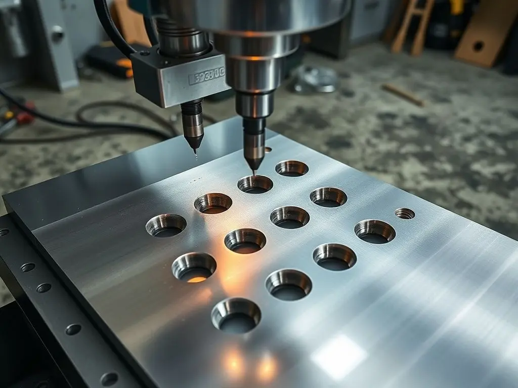 CNC punch press machine punching ventilation holes in titanium sheet metal.