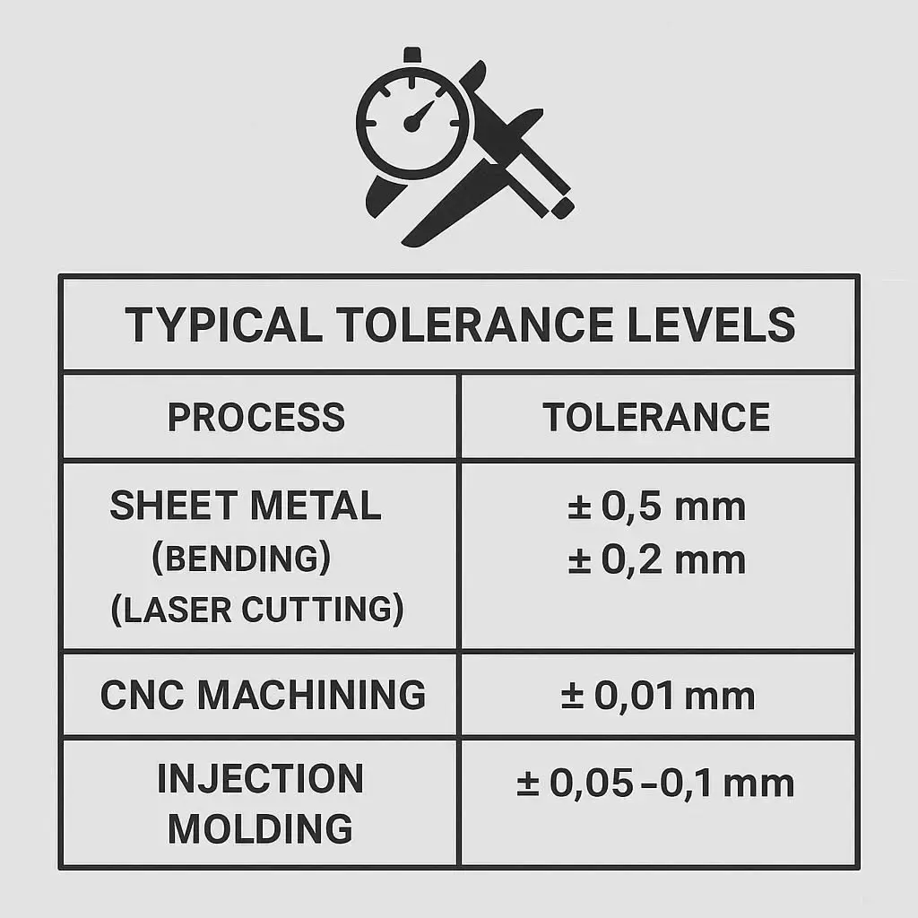 Tolerance capability comparison: sheet metal cover offers ±0.5 mm, CNC machining achieves ±0.01 mm, injection molding ±0.05–0.1 mm.