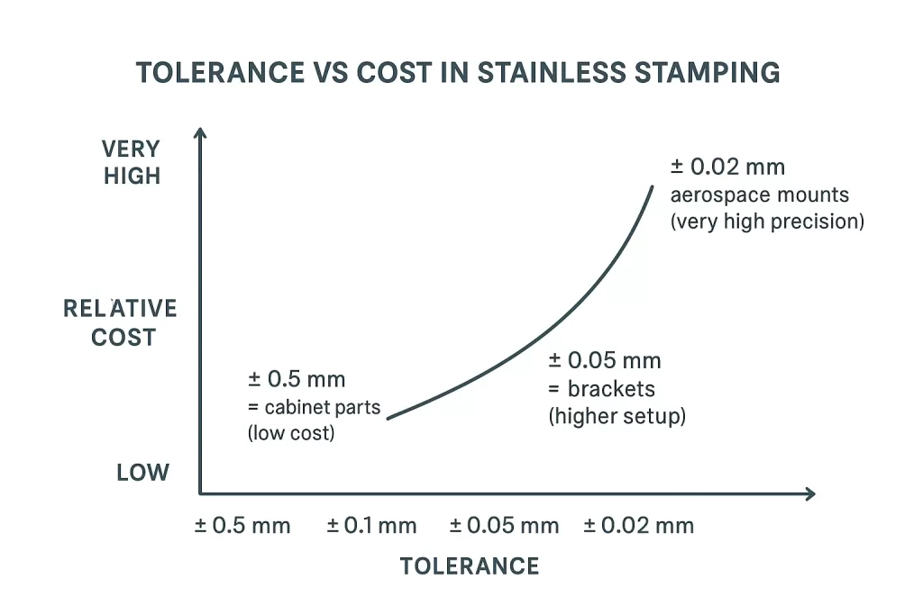 Tolerance vs cost graph showing tighter tolerance leading to higher cost in stainless stamping.