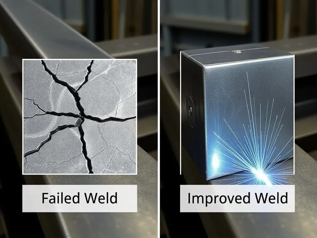 Side-by-side comparison showing cracked weld vs strong pulse MIG weld in vehicle sheet metal fabrication.