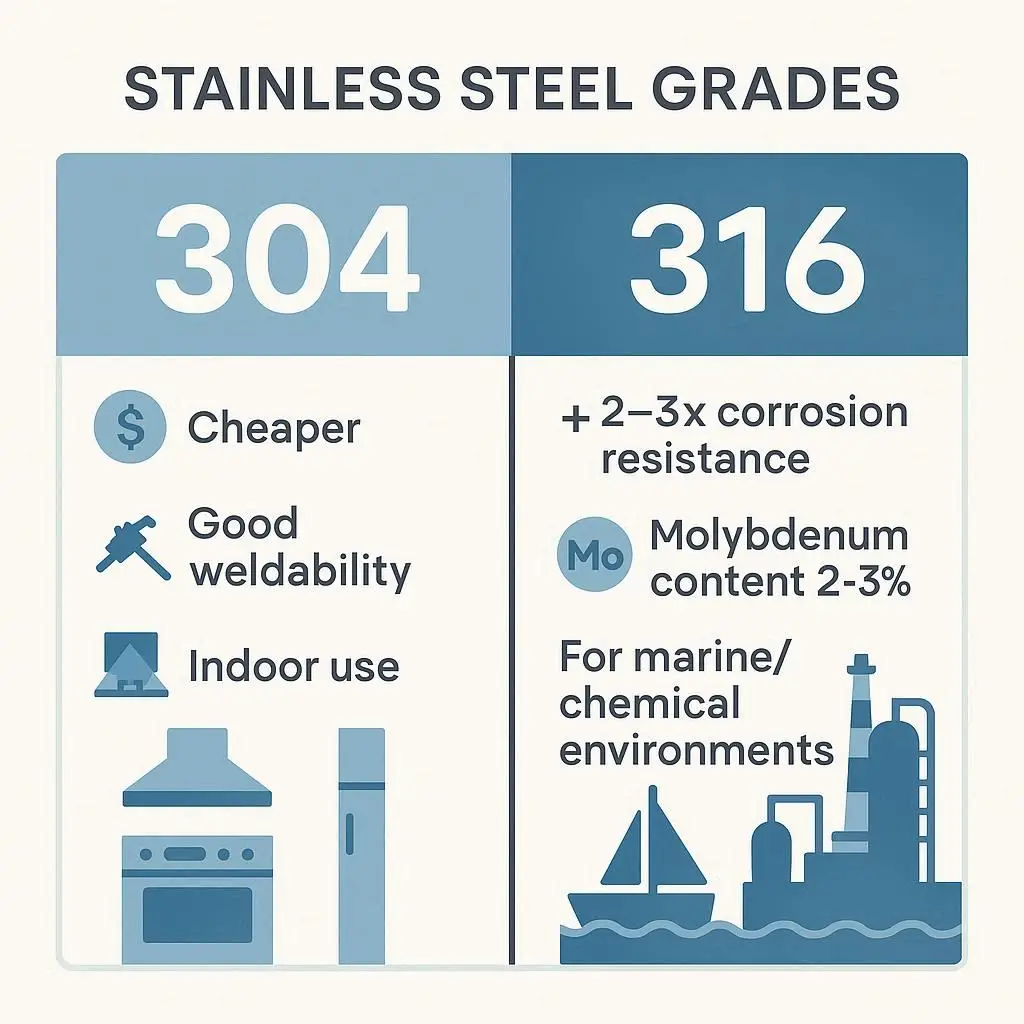 Comparison chart of stainless steel grades 304 vs 316, showing cost, corrosion resistance, and applications.