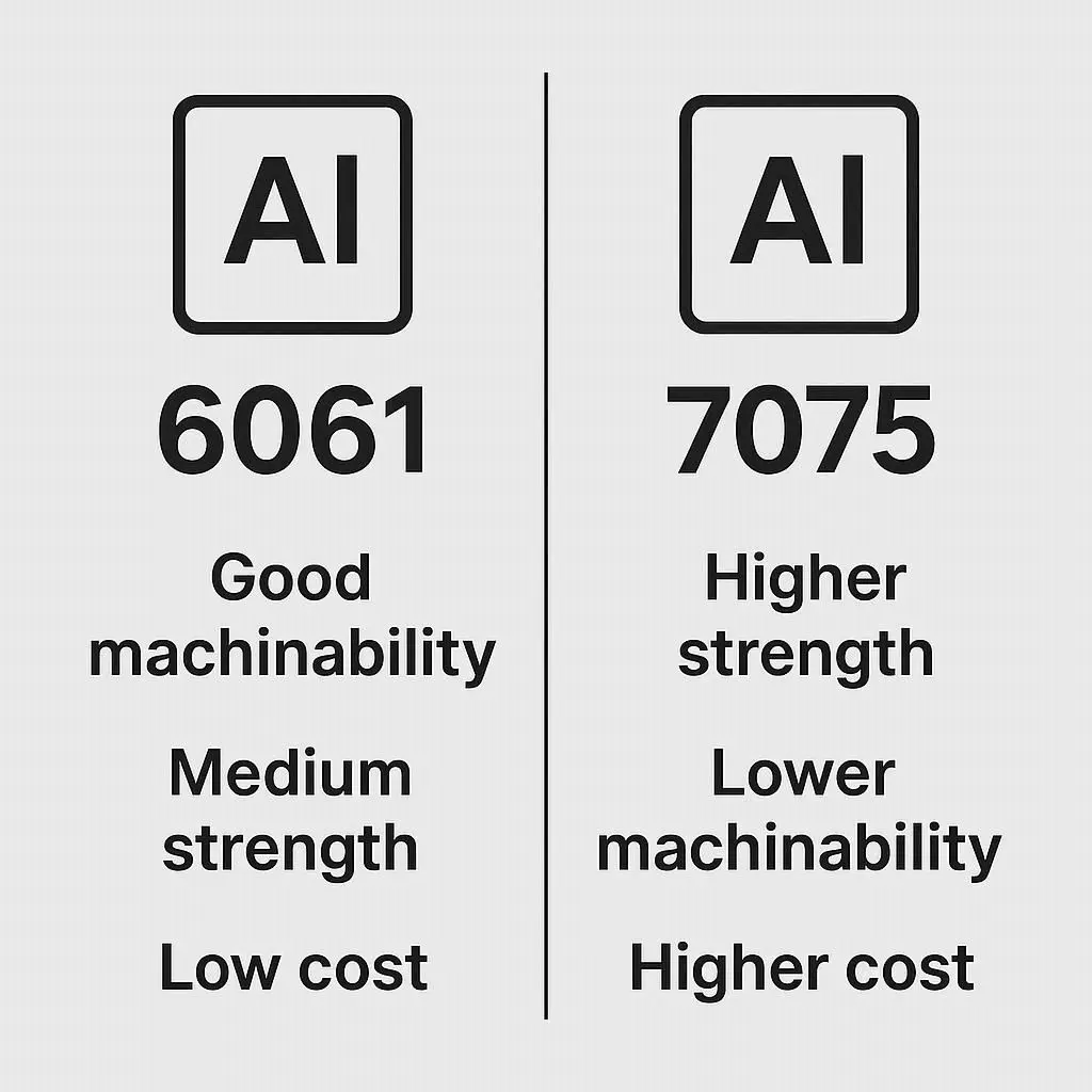 Comparison infographic of aluminium alloys 6061 and 7075 showing machinability, strength, and cost differences.