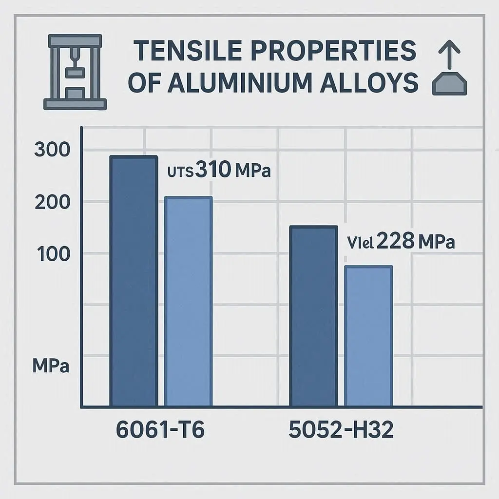 Bar chart comparing tensile strength and yield strength of aluminium alloys 6061-T6 and 5052-H32.