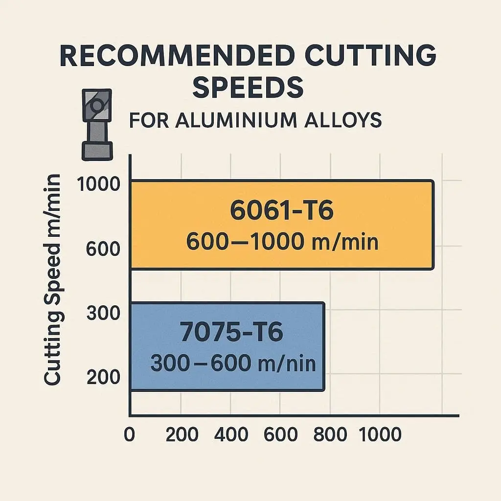 Chart comparing recommended cutting speeds for aluminium machining: 6061-T6 (600–1000 m/min) vs 7075-T6 (300–600 m/min).