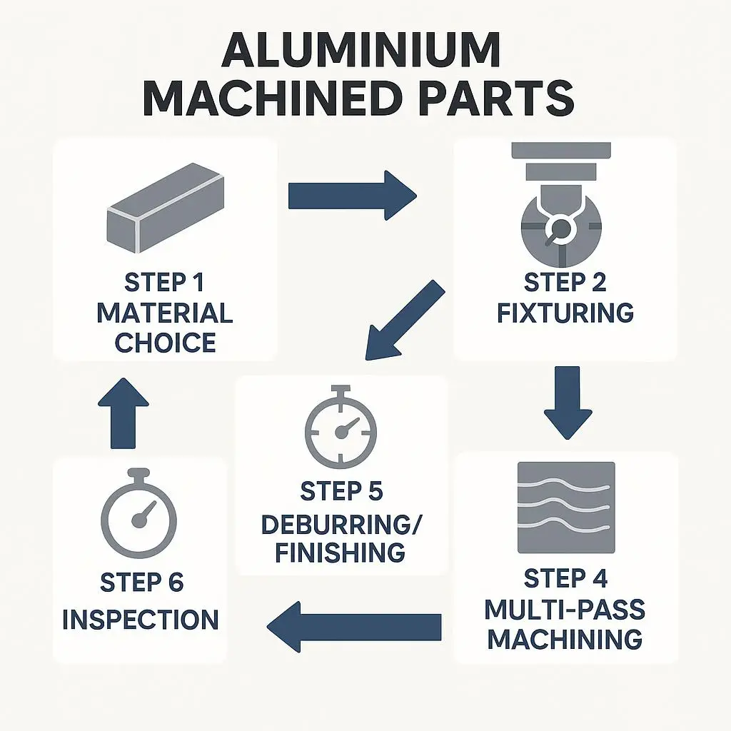 Flow diagram of six steps in aluminium machining: material choice, fixturing, tooling, multi-pass machining, deburring, inspection.