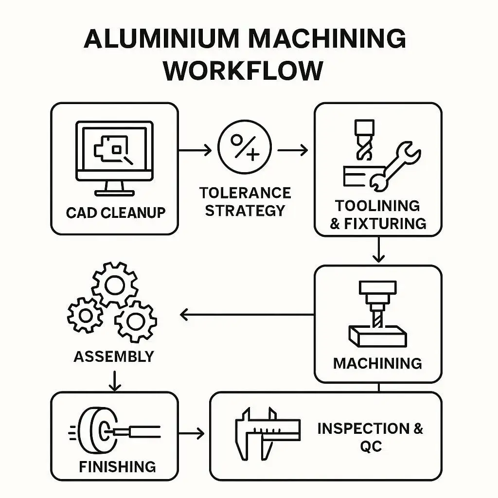 Workflow diagram showing steps in custom machined aluminum parts production from CAD cleanup to assembly.