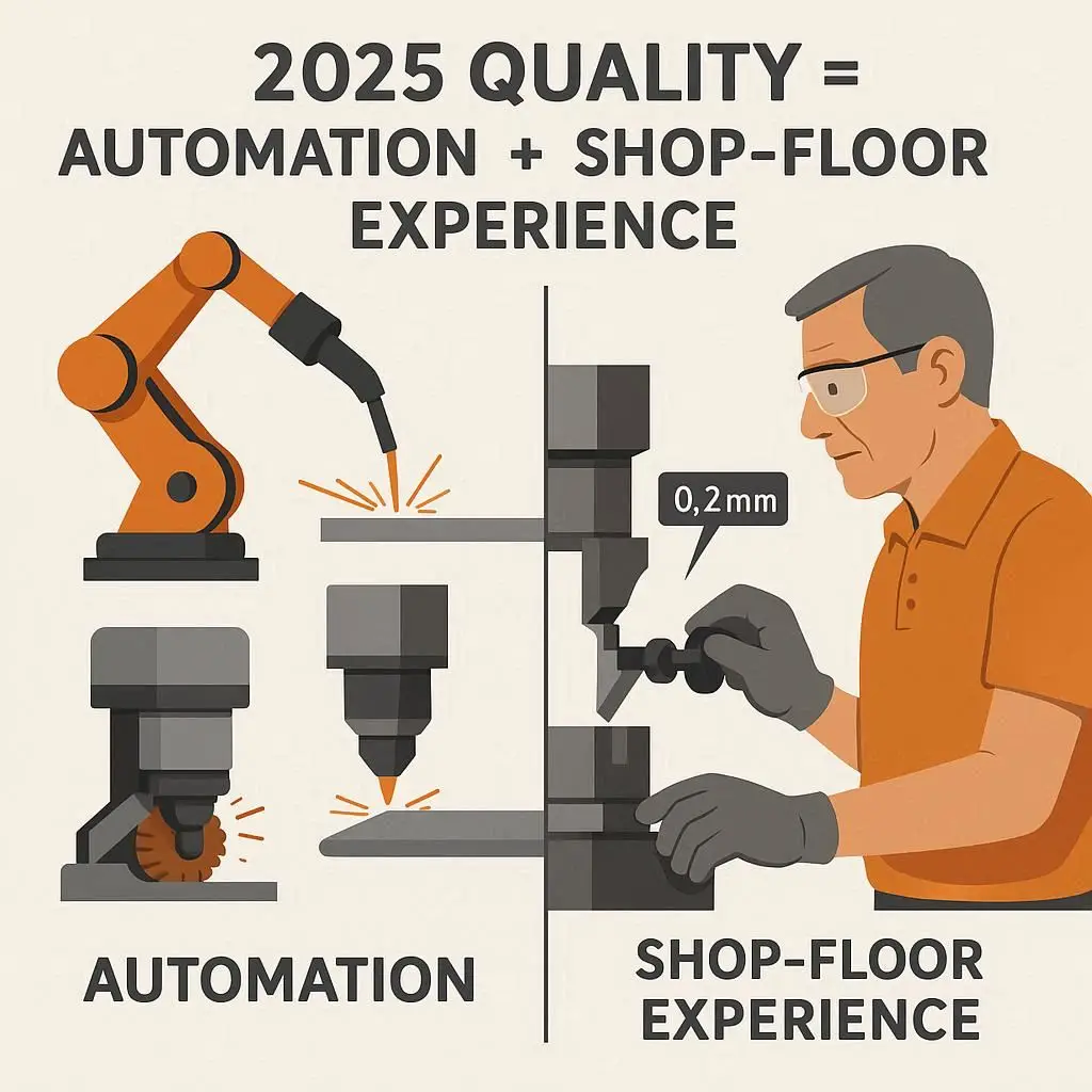 Infographic illustrating that in 2025, stainless fabrication quality comes from combining automation with human shop-floor expertise.
