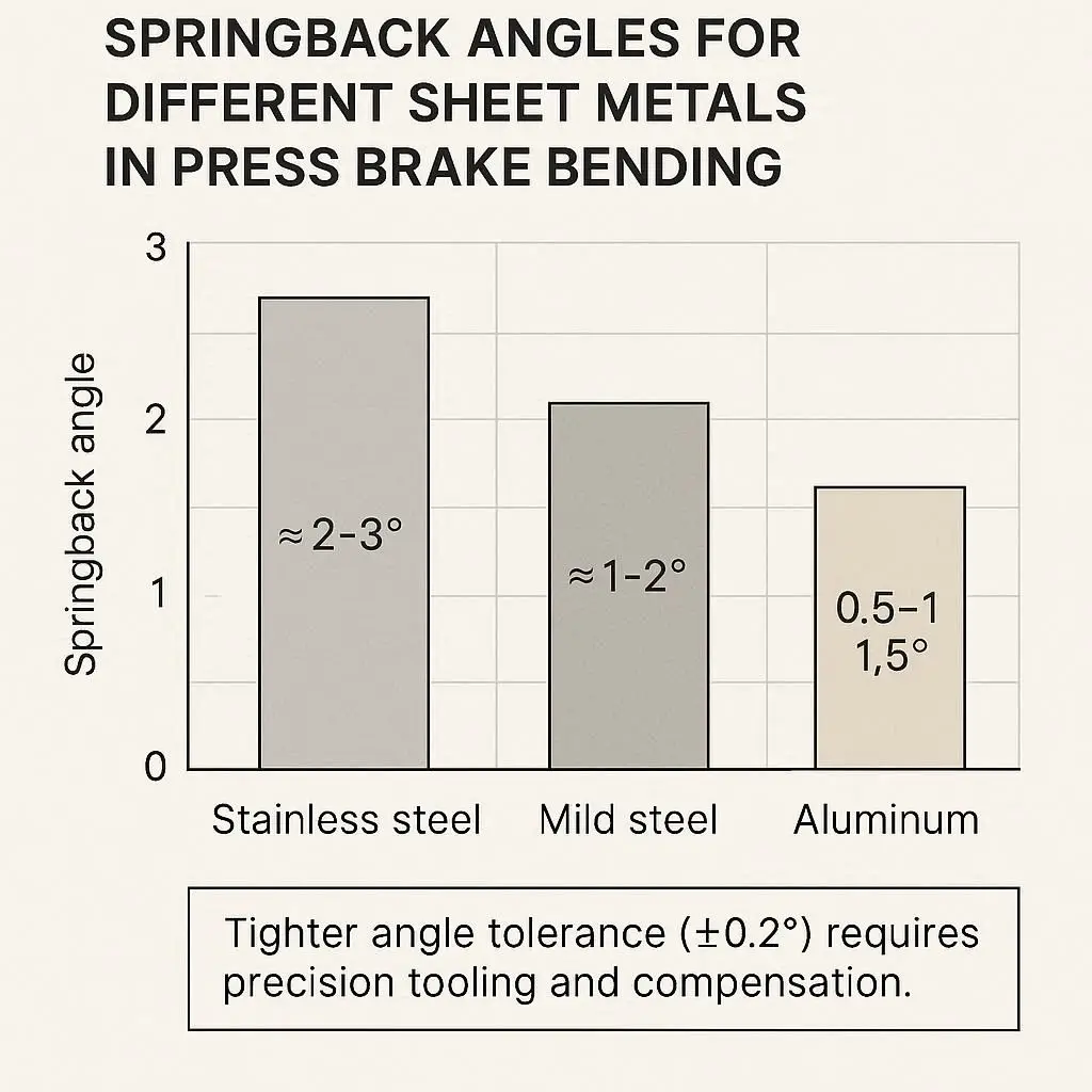 Bar chart showing springback differences in sheet metal bending for stainless steel, mild steel, and aluminum.
