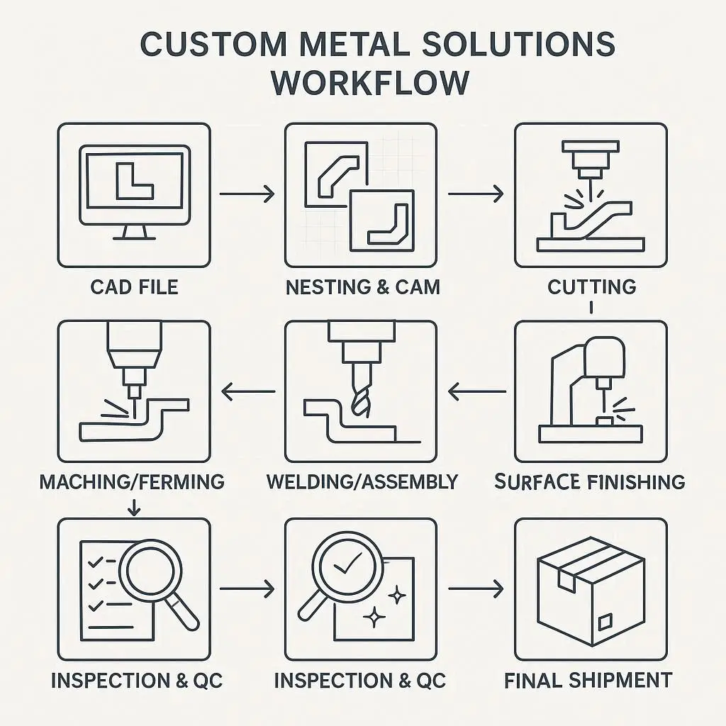 Workflow diagram showing steps from CAD to finished part in custom metal solutions.