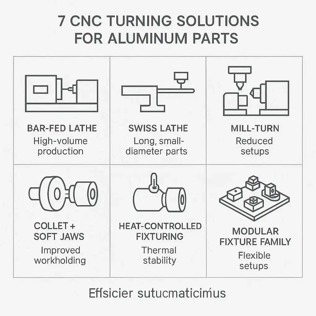 Infographic summarizing seven CNC turning solutions for aluminum machining efficiency.
