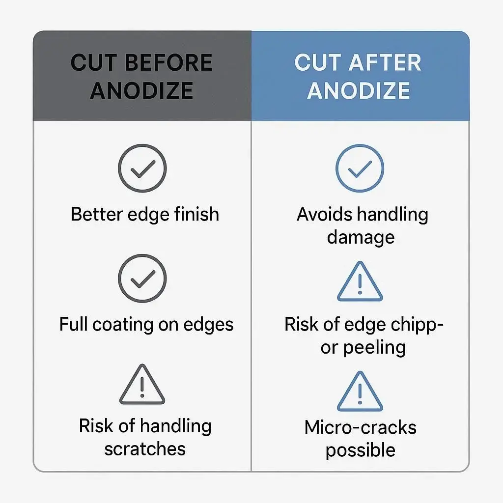 Comparison chart of cutting before versus after anodizing, showing trade-offs in edge finish, coating coverage, and handling risks.