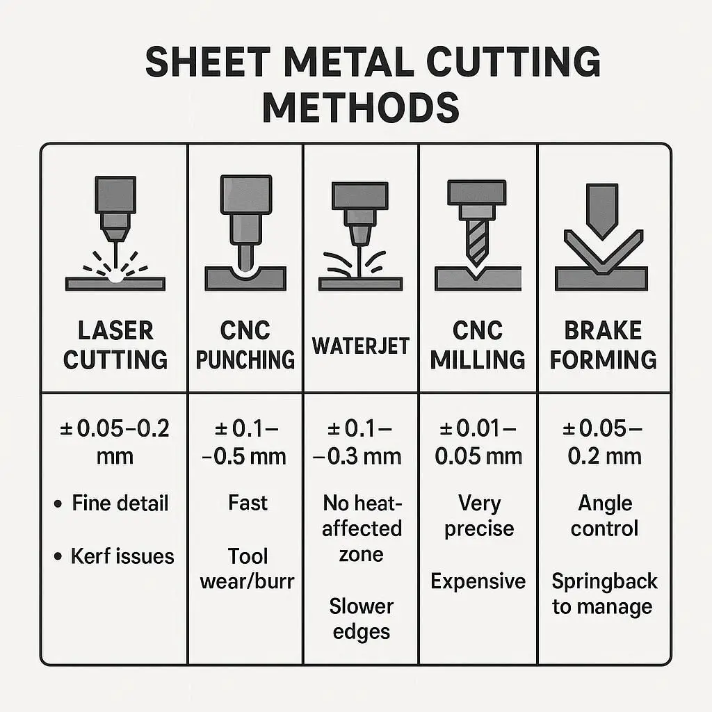 Comparison chart of sheet metal cutting methods and their typical achievable tolerances.